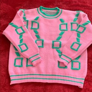 Vibrant Pink and Green Crew Neck Sweater with Geometric Patterns